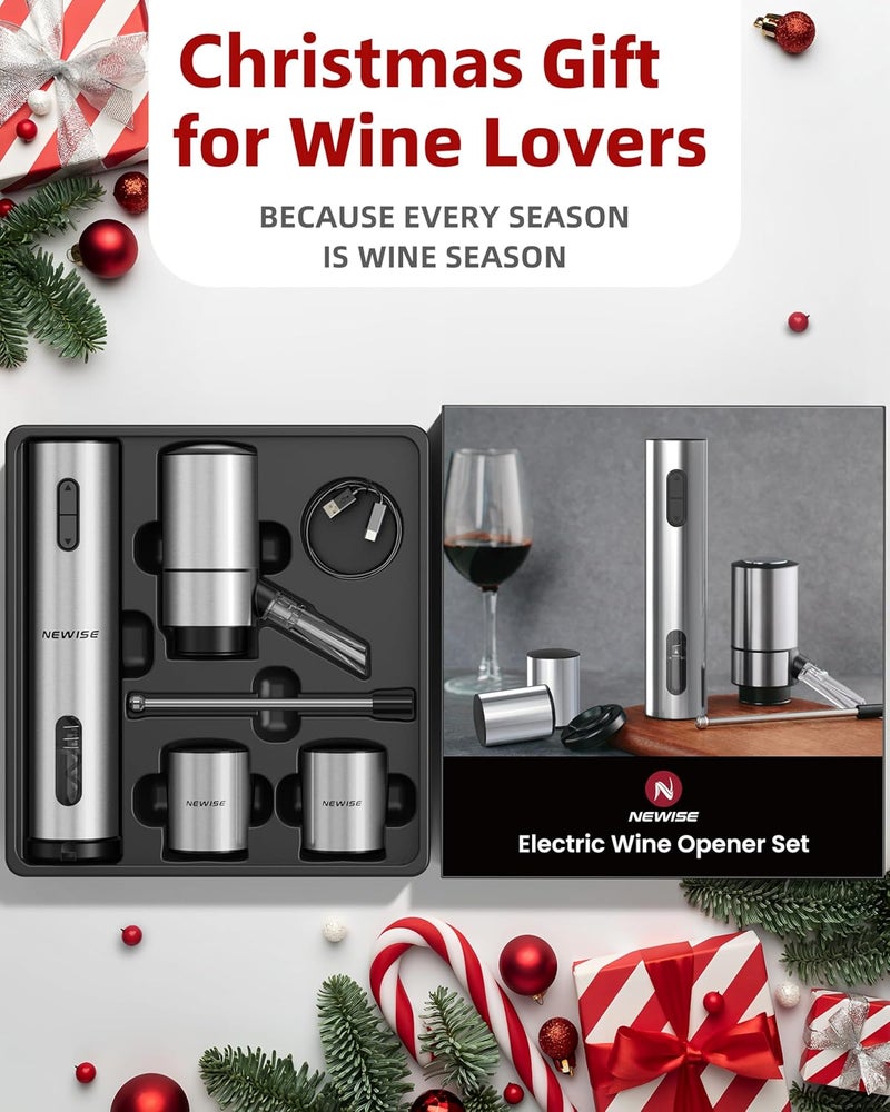 Newise Rechargeable Electric Wine Gift Set: Wine Opener, Aerator, Vacuum Stoppers & Foil Cutter - Wine Lovers Gifts for Women Men - Christmas & White Elephant Gifts - Image 2